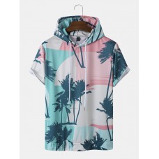 Men Coconut Tree Print Hooded Drawstring Short Sleeve Casual T  Shirts