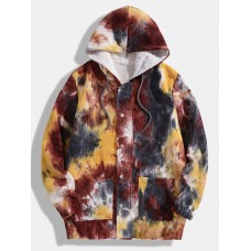 Men Corduroy Tie  dye Hooded Button Pockets Plush Lined Street Hooded Jackets