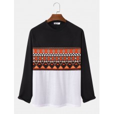 Mens Vintage Argyle Pattern Stitching Crew Neck Long Sleeve T  Shirts